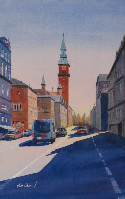 landscape, city, copenhagen, denmark, original watercolor painting, oberst